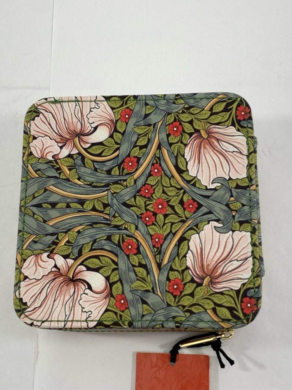 William Morris Women’s Pimpernel Jewelry Case Floral Green Pink & Red Zipper NWT